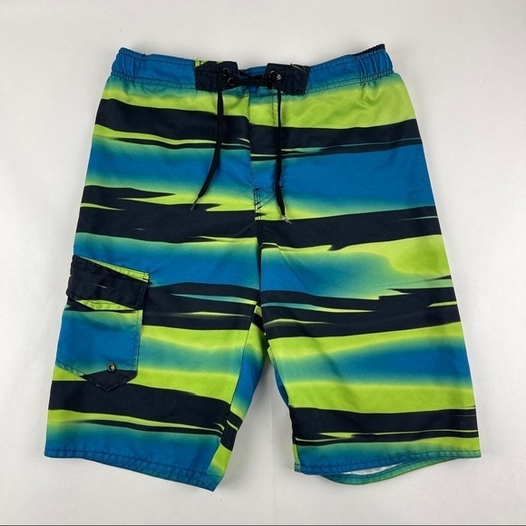 Hang Ten Swim Trunks Boys Large Blue Black Green Striped - Picture 1 of 8